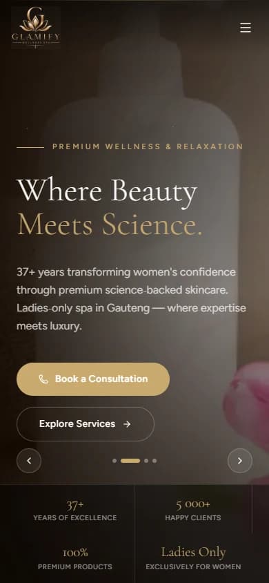 Glamify homepage on a phone: the spa logo, a menu button and the serif hero headline over a dark photo.
