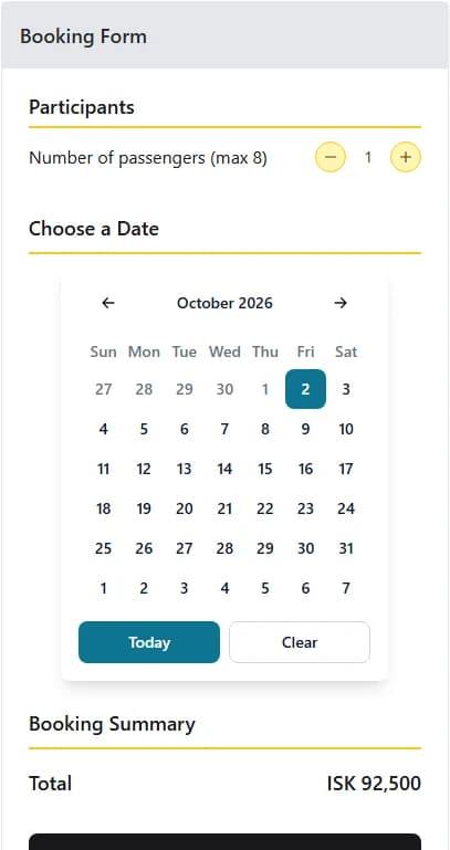 Booking form on the Hyper Taxi website: a passenger counter set to one, an October 2026 calendar and a booking summary showing a total of ISK 92,500.