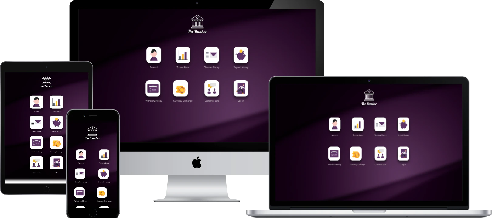 The Banker shown on a desktop monitor, laptop, tablet and phone: a purple dashboard of icon tiles for account, transactions, transfer money, deposit, withdraw, currency exchange, customer care and log in.